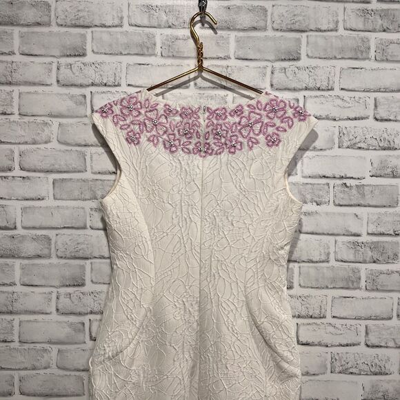 Pamella Roland White Beaded 100% Silk Made In The USA Size 4 Embossed Dress - Picture 5 of 14